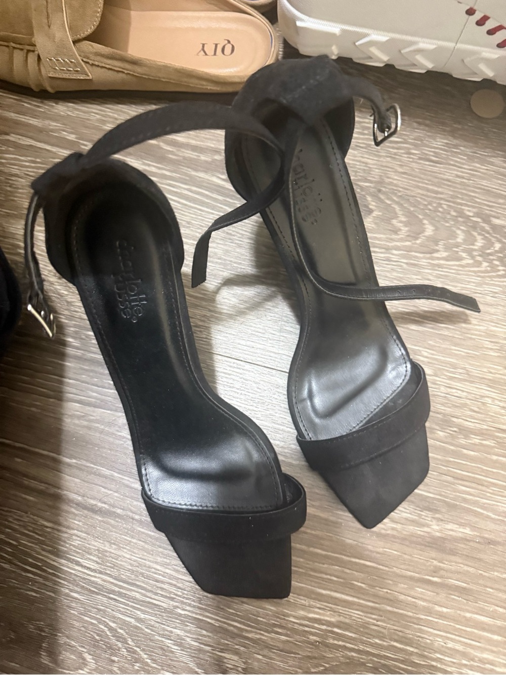 Black Ankle-Strap Square-Toe Heels - Women's